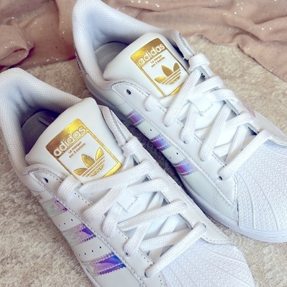 Brand New Adidas Originals Superstar White Lace Up Sneakers Iridescent 3-Stripe - Picture 10 of 16